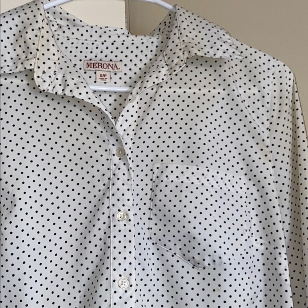 WHITE AND BLACK POLKADOT LONG SLEEVE SHIRT